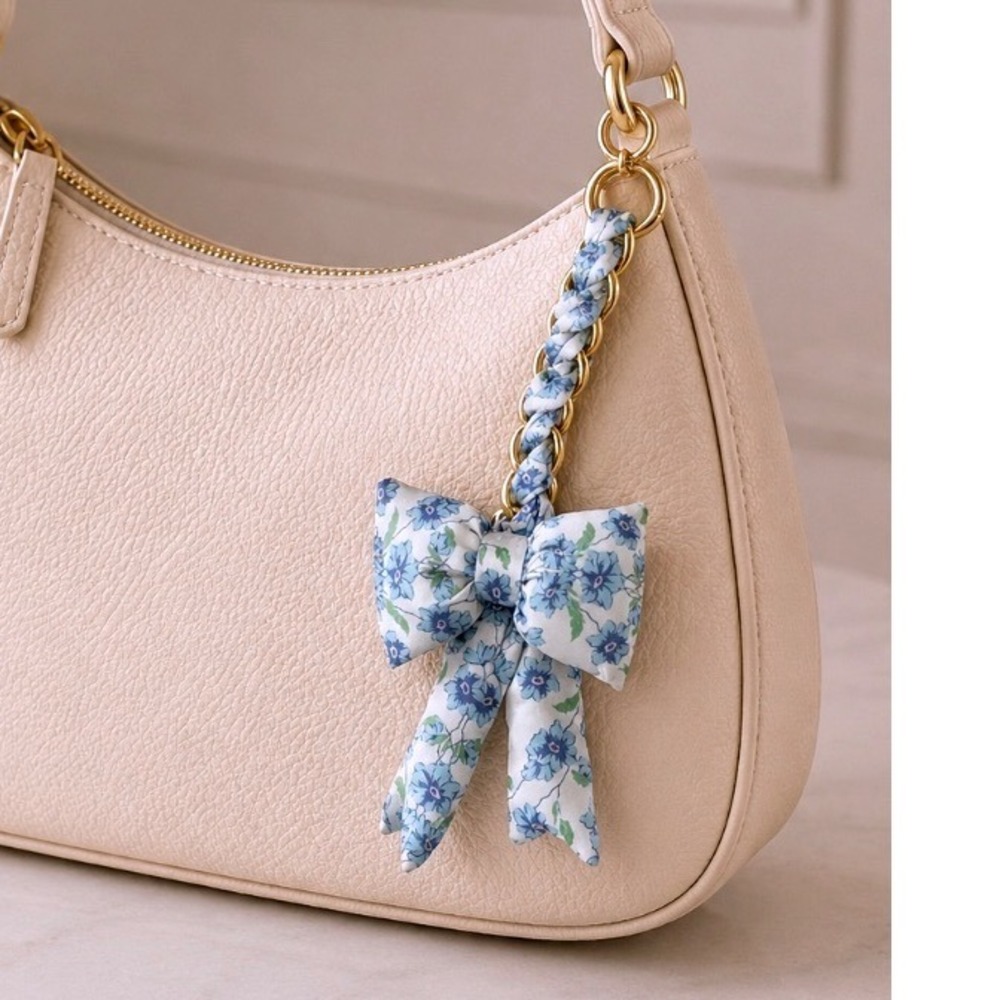 Floral Bow Bag Charm Blue Flower Satin Fabric Gold Chain Keychain Accessory